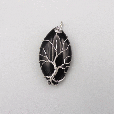 Black Onyx Oval Tree Of Life Wire Wrapped Pendant (50mm x 25mm)