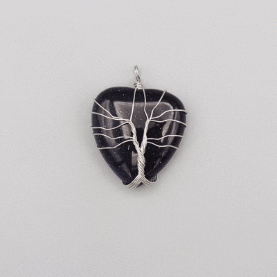 Blue Gold Stone Tree Of Life Wire Wrapped Heart Pendant (30mm)