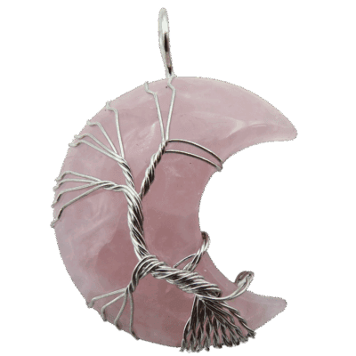 Rose Quartz Moon Wire Wrapped Tree Of Life Pendant