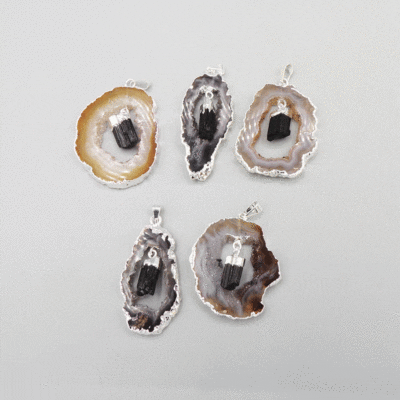 Druzy Agate Slice Pendant with Black Tourmaline Drop