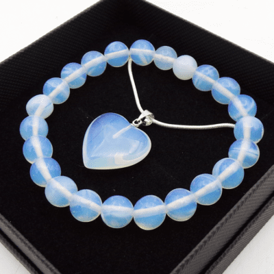 8mm Opalite Bead Bracelet & Heart Pendant Set In Gift Box - Image 2