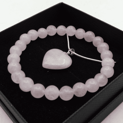 8mm Rose Quartz Bead Bracelet & Heart Pendant Set In Gift Box - Image 2