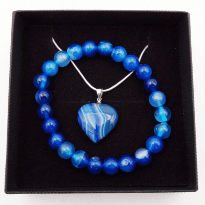 Blue Banded Agate Bead Bracelet & Heart Pendant Set In Gift Box