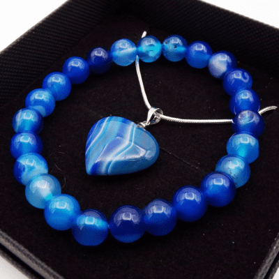 Blue Banded Agate Bead Bracelet & Heart Pendant Set In Gift Box - Image 2