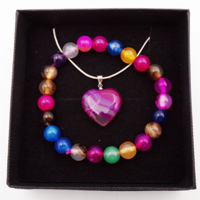 Mixed Banded Agate Bead Bracelet & Heart Pendant Set In Gift Box