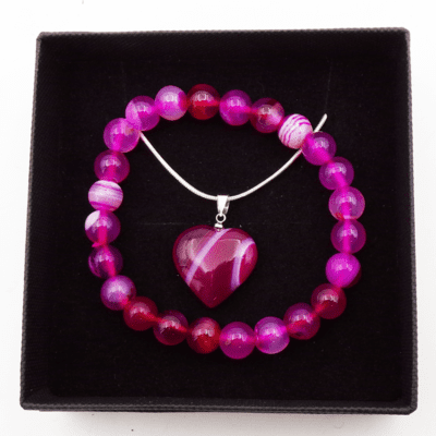 Pink Banded Agate Bead Bracelet & Heart Pendant Set In Gift Box