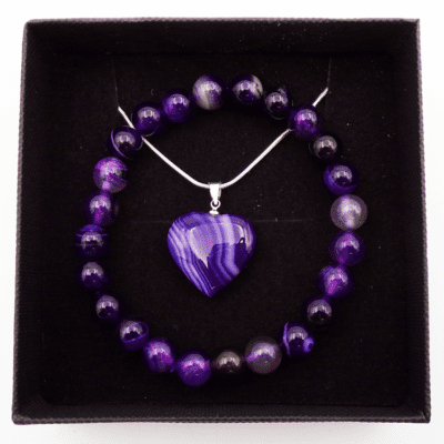 Wholesale Purple Banded Agate Bracelet & Heart Pendant Gift Set