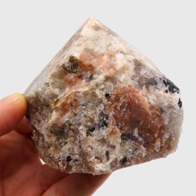 Peach Moonstone With Black Tourmaline Cut Base Point (70mm x 70mm) - Image 4